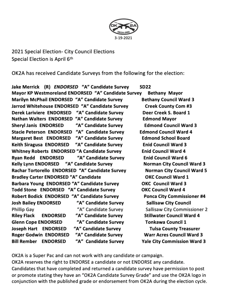 OK2A Endorsements as of March 18, 2021