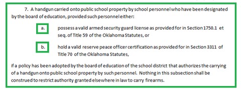 Oklahoma Law excerpt about handguns being able to be taken on school property